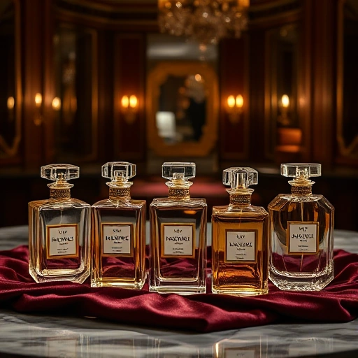 A luxurious display of the world's most expensive perfumes: crystal bottles with gold and diamond accents, arranged on velvet silk in a dimly lit, opulent boudoir with marble surfaces and soft golden lighting, evoking exclusivity and haute parfumerie