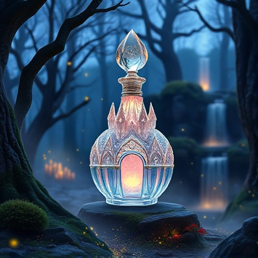 A whimsical, dreamlike perfume bottle shaped like a glowing crystal castle with floating golden sparkles and soft pastel mist swirling around it, set in an enchanted forest at twilight with ancient moss-covered trees, fireflies, and a distant waterfall glowing with ethereal light, evoking the feeling of stepping into a fairy tale