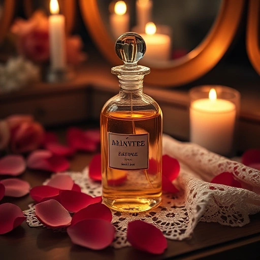 A romantic scene featuring a delicate glass perfume bottle with soft golden liquid inside, surrounded by rose petals, candlelight, and a vintage lace handkerchief on a wooden vanity table, evoking elegance and emotion