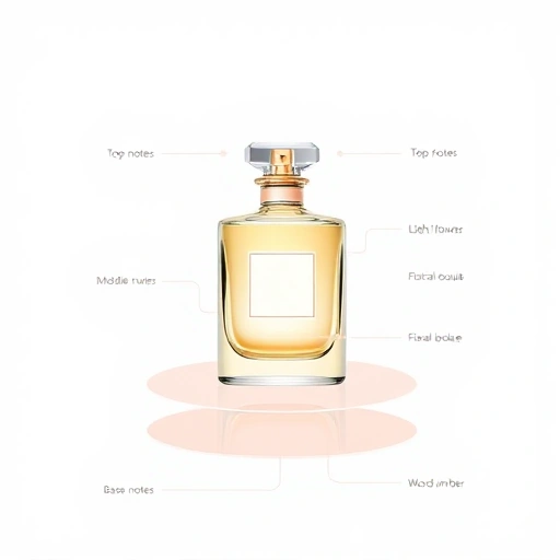 A minimalist, elegant illustration of perfume composition components: a central glass perfume bottle surrounded by floating transparent layers representing top notes (citrus fruits, light flowers), middle notes (floral bouquet like rose and jasmine), and base notes (woody elements like sandalwood, amber, and musk), all rendered in soft pastel tones with delicate linework and subtle gradients, no text or labels, pure visual representation of olfactory layers