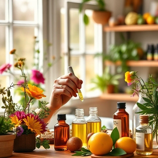 A person in a cozy home laboratory blending essential oils in glass vials, surrounded by flowers, herbs, and citrus fruits, soft natural light from a window, warm and inviting atmosphere, focus on hands mixing scents, no text or labels visible