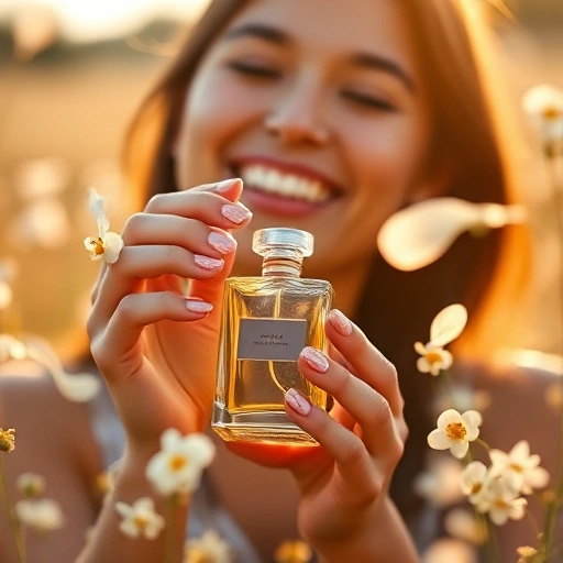 A serene, joyful scene of a person smiling softly while holding a delicate glass perfume bottle filled with golden liquid, surrounded by floating translucent petals of white jasmine and citrus blossoms in a sunlit meadow at golden hour, soft bokeh background, warm pastel lighting, ethereal and uplifting atmosphere, no text, no logos, no words