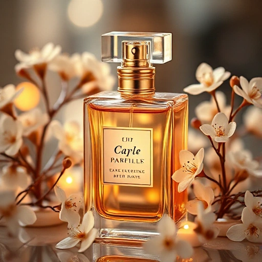 A luxurious perfume bottle with golden accents, surrounded by delicate white flowers and soft glowing light, evoking elegance and special occasions