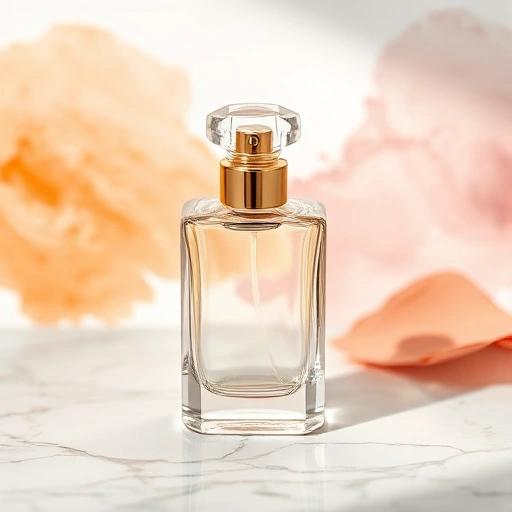 An elegant perfume bottle made of clear glass with a golden cap, placed on a marble surface surrounded by abstract paintbrush strokes and watercolor splashes in soft pastel tones, evoking the feeling of art and luxury, soft natural lighting, shallow depth of field, high detail