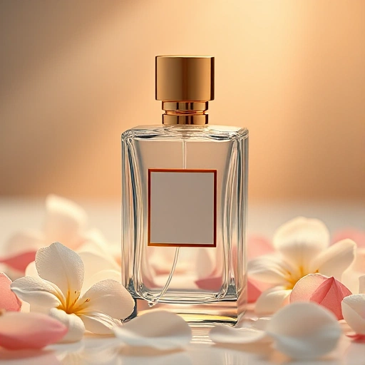 A modern perfume bottle with elegant glass design, surrounded by delicate floral elements like jasmine and rose petals, soft golden light, minimalist luxury aesthetic, high detail, shallow depth of field, no text or labels