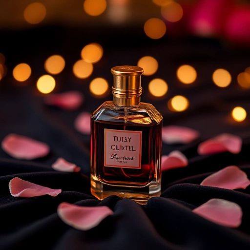 An elegant perfume bottle with a golden cap, placed on a dark velvet surface, surrounded by soft glowing lights and delicate rose petals, evoking luxury and sophistication for evening events