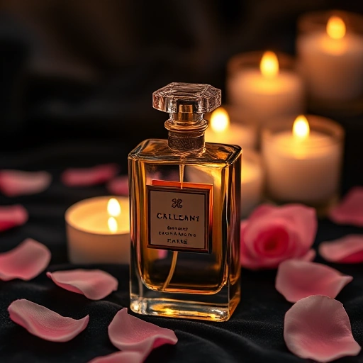 A luxurious perfume bottle with golden accents, placed on a velvet black surface, surrounded by soft glowing candlelight and delicate rose petals, evoking elegance and sophistication for evening events