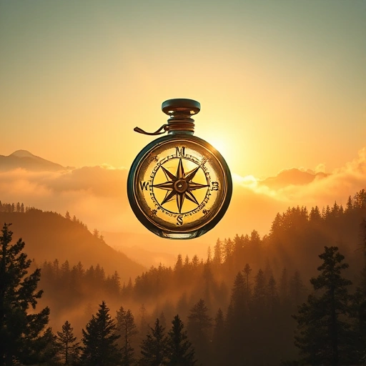 A luxurious perfume bottle shaped like a vintage compass, floating above a misty mountain landscape at golden hour, with soft rays of sunlight piercing through pine forests below, delicate floral and woody scent trails visualized as glowing amber and emerald wisps swirling around the bottle, evoking the spirit of adventure and wanderlust, ultra-detailed, cinematic lighting, smallHQ style