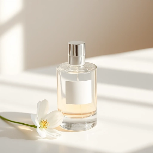 A minimalist, elegant perfume bottle with a soft glow, placed on a smooth white surface, surrounded by subtle natural elements like a single white flower and soft morning light, conveying authenticity and self-expression, no text or labels visible