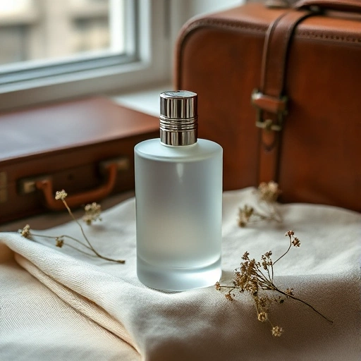 A minimalist, elegant perfume bottle made of frosted glass with a silver cap, placed on a soft beige linen cloth, surrounded by delicate wildflowers and a vintage leather suitcase open beside it, suggesting travel and sophistication, soft natural daylight from a nearby window, shallow depth of field, high detail, no text or logos