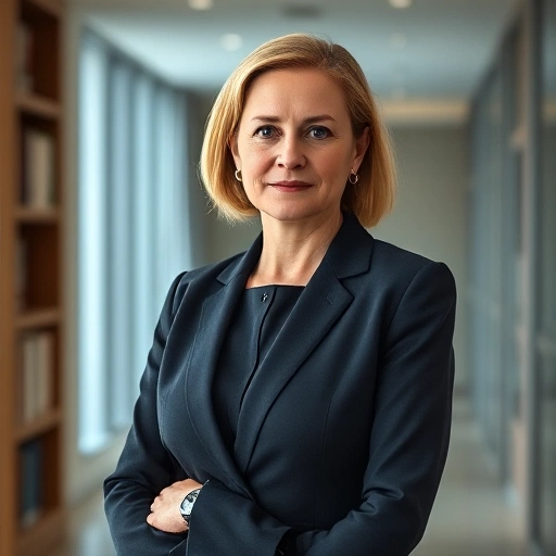 A professional portrait of Tatyana Yevgenyevna Starushchenko, a middle-aged woman with calm, intelligent eyes, wearing a modest business suit, standing softly lit in a modern office background with bookshelves and neutral tones, conveying dignity and expertise, no text or symbols visible