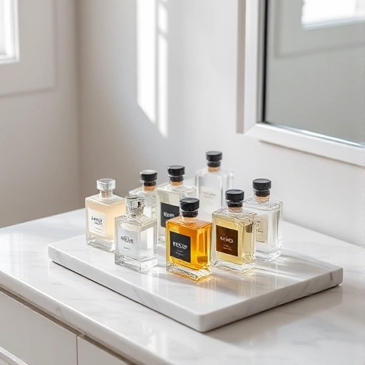 A neatly organized vanity with glass perfume bottles arranged on a marble tray, soft natural light from a nearby window, minimalist interior, no text or labels visible on bottles, elegant and clean composition