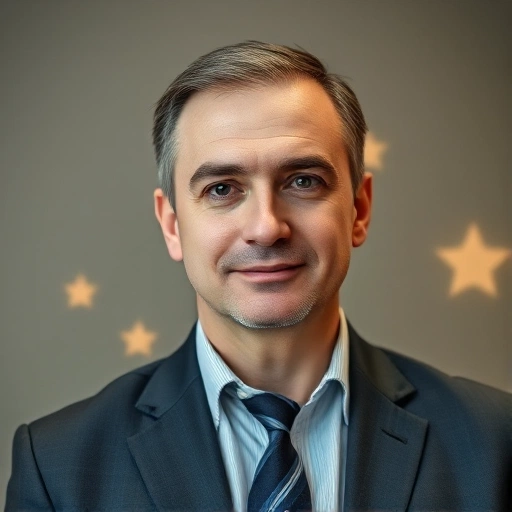 A professional portrait of a man named Alexey Yuryevich Timofeev, middle-aged, with a calm and trustworthy expression, wearing a business suit, standing in front of a neutral background with subtle elements suggesting reputation and trust — such as faint glowing stars or checkmark icons in the distance, symbolizing positive reviews and credibility. The lighting is soft and even, emphasizing approachability and integrity.
