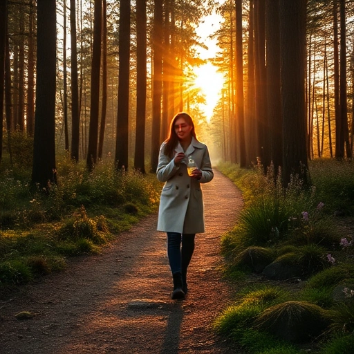 A serene forest path at golden hour, with soft sunlight filtering through tall trees, a person walking leisurely wearing a light coat, holding a small glass perfume bottle that glows faintly, surrounded by wildflowers and moss-covered stones, evoking calm and long walks in nature