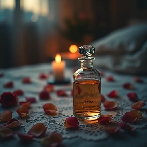 A romantic scene featuring a delicate glass perfume bottle with soft golden liquid inside, placed on a vintage lace handkerchief, surrounded by scattered rose petals and a single burning candle in a dimly lit bedroom at twilight, warm bokeh lights in the background, soft focus, ethereal atmosphere