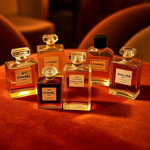A luxurious display of iconic perfume bottles from different eras, arranged elegantly on a velvet surface with soft golden lighting, featuring classic designs like Chanel No. 5, Shalimar, and Joy, with subtle reflections and a timeless, sophisticated atmosphere