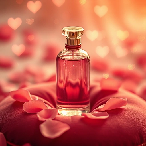 A delicate glass perfume bottle with a soft pink liquid inside, placed on a velvet cushion surrounded by floating rose petals and heart-shaped sparkles, warm golden hour lighting, romantic and dreamy atmosphere, no text, no labels, no branding