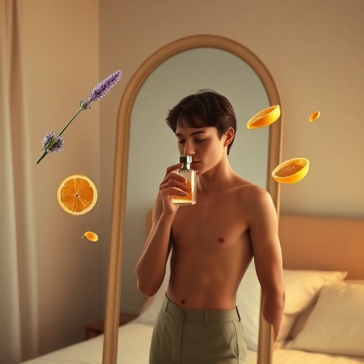 A person standing in front of a mirror, gently sniffing a perfume bottle, surrounded by floating scent notes visualized as soft pastel wisps of lavender, citrus, and vanilla, with a warm, intimate lighting and minimalist bedroom background, evoking personal connection and self-discovery in fragrance choice