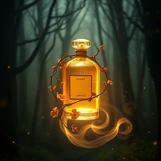A mystical perfume bottle glowing with soft golden light, floating in a dark enchanted forest filled with ancient trees and floating luminous particles, delicate floral vines wrapping around the bottle, ethereal mist swirling at its base, subtle hints of jasmine, amber, and oud visualized as translucent ribbons of scent in the air, dreamlike and magical atmosphere, ultra-detailed, cinematic lighting, smallHQ style