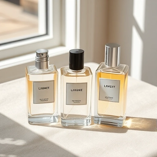 A minimalist, elegant display of popular unisex perfumes: three clear glass bottles with simple labels, arranged on a soft beige linen surface, natural daylight from a nearby window casting gentle shadows, subtle reflections on the glass, no text or logos visible on bottles, clean modern aesthetic, high detail, smallHQ style