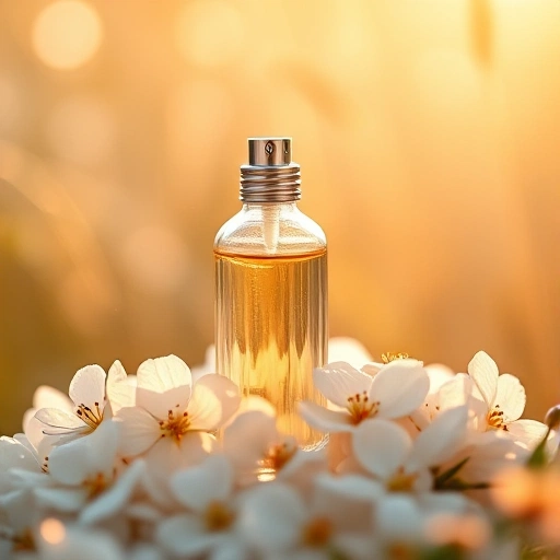 A serene, elegant composition featuring a delicate glass perfume bottle with a soft golden liquid inside, surrounded by floating translucent petals of white jasmine and blooming orange blossoms, set against a warm, diffused morning light background with subtle bokeh of sunlit meadow grass. The atmosphere is calm, uplifting, and emotionally resonant — evoking quiet joy and inner peace. No text, no logos, no human figures, no harsh shadows or clutter.