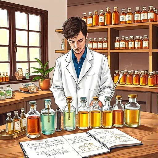 A detailed illustration of a perfumer creating a fragrance composition: a person in a lab coat standing at a wooden workstation with glass vials, pipettes, and small bottles of essential oils arranged in a semi-circle, delicate wisps of aromatic vapor rising from the bottles, soft natural light from a nearby window, shelves in the background filled with labeled botanical extracts and amber glass containers, a notebook with handwritten notes and sketches of scent pyramids, subtle focus on the han