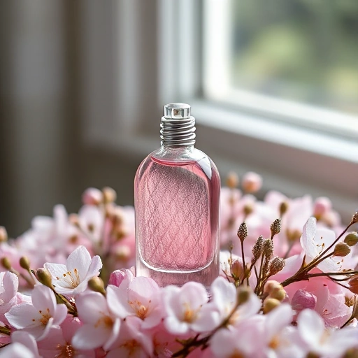A delicate spring perfume bottle made of translucent glass with soft pink and lavender hues, resting on a bed of fresh blooming cherry blossoms and wildflowers, with morning dew glistening on petals, soft natural light filtering through a nearby window, ethereal and serene atmosphere, minimalist composition, high detail, no text or labels