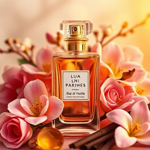 A luxurious perfume bottle with floral and oriental notes, surrounded by blooming flowers like jasmine and rose, and warm spices such as amber and vanilla, soft golden lighting, elegant glass design, high detail, smallHQ style