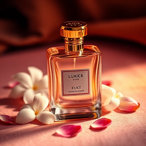 A close-up of an elegant glass perfume bottle with a golden cap, placed on a soft velvet surface in warm ambient lighting, surrounded by delicate floral elements like jasmine and rose petals, symbolizing personal expression and individuality through scent, no text or labels visible