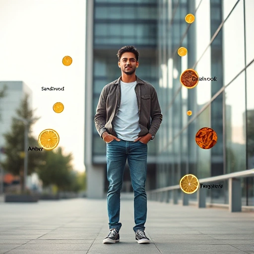 A confident person standing tall in a modern urban setting, surrounded by subtle floating scent trails of citrus, sandalwood, and amber, symbolizing self-affirmation through fragrance, soft natural lighting, minimalist composition, high detail, photorealistic style