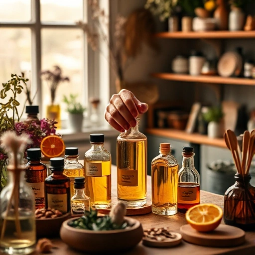 A person creating a custom perfume in a cozy home laboratory, surrounded by glass bottles with essential oils, dried flowers, citrus fruits, herbs, and wooden tools, soft natural light from a window, warm and inviting atmosphere, focus on hands blending scents, no text or labels visible