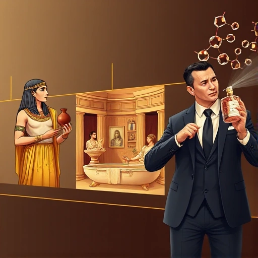 A timeline illustration showing the evolution of men's perfume from ancient times to the present day: on the left, an ancient Egyptian nobleman holding a clay perfume vessel with hieroglyphs; in the center, a Roman bathhouse scene with glass ampoules and olive oil-based scents; on the right, a modern man in a sleek suit spraying designer cologne from a minimalist glass bottle, with floating molecular structures of fragrance notes in the air; soft golden lighting, detailed textures, historical ac