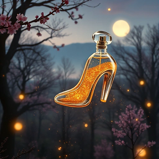 A whimsical perfume bottle shaped like a glowing glass slipper, floating gently above an enchanted forest at twilight, surrounded by floating golden dust, soft glowing fireflies, and delicate cherry blossoms drifting in the air, with a dreamy pastel sky and moonlight filtering through ancient trees, evoking a fairy tale atmosphere