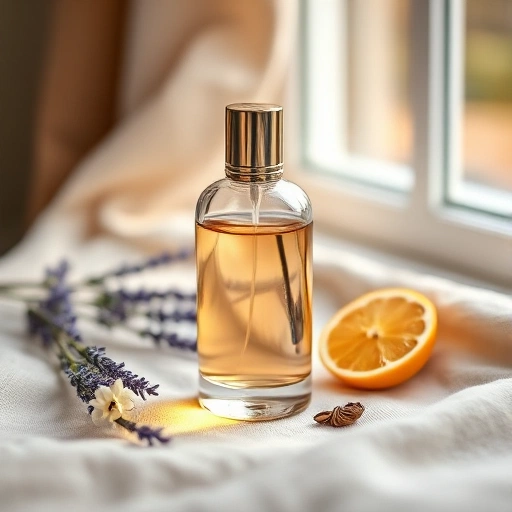 A minimalist, elegant perfume bottle with soft golden liquid inside, placed on a light beige linen fabric, surrounded by subtle hints of natural ingredients like lavender sprigs, citrus slices, and vanilla pods, soft diffused daylight from a nearby window, shallow depth of field, warm and inviting atmosphere, no text, no labels, no branding