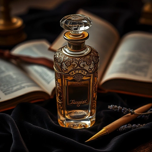An elegant vintage perfume bottle made of clear glass with intricate gold filigree detailing, resting on a dark velvet cloth, soft warm lighting highlighting the liquid inside, surrounded by classic elements like an open antique book, a quill pen, and dried lavender sprigs, evoking timeless tradition and refined craftsmanship in perfumery