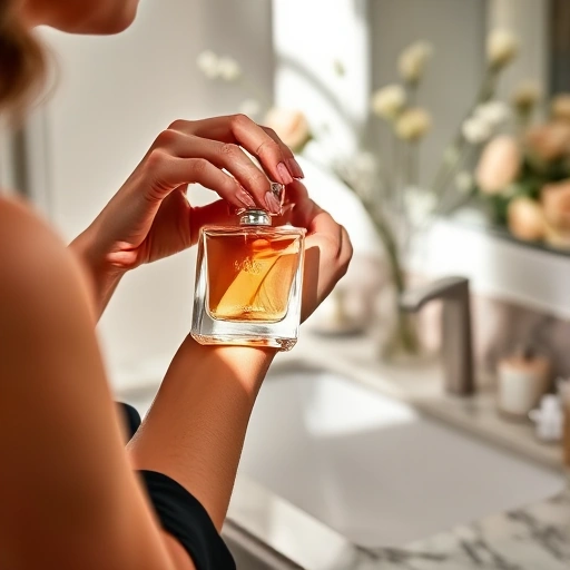 A close-up of a woman's wrist and neck gently applying perfume from an elegant glass bottle, with soft natural light highlighting the mist and skin, a luxurious vanity with marble surface and minimal floral arrangement in the background, evoking sophistication and quiet ritual