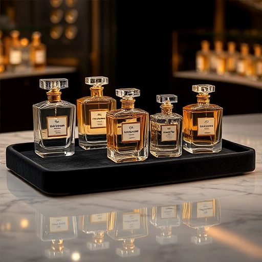 A luxurious display of the world's most expensive perfumes: crystal bottles with gold and diamond accents, arranged on a velvet black tray under soft spotlighting, with subtle reflections on a polished marble surface, evoking opulence and exclusivity
