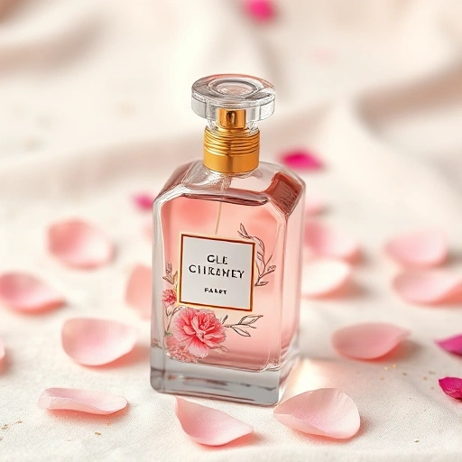An elegant perfume bottle with a delicate floral design, placed on a soft velvet surface with rose petals and subtle golden sparkles, suggesting luxury and romance for special occasions like weddings and birthdays