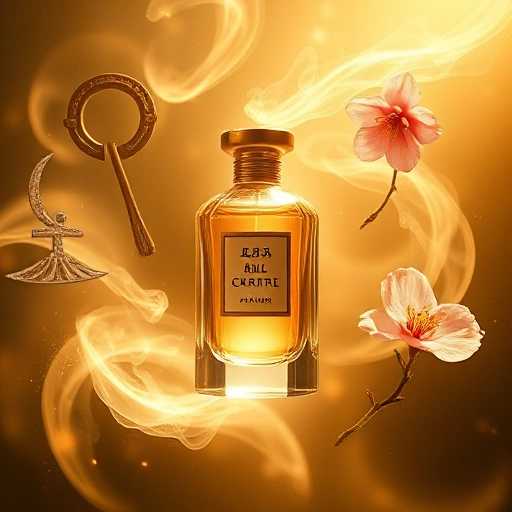 A mystical perfume bottle floating in a soft golden light, surrounded by swirling translucent wisps that form ancient mythological symbols — a Greek laurel wreath, an Egyptian ankh, and a Japanese cherry blossom — blending reality and legend, ethereal and elegant, no text or labels visible