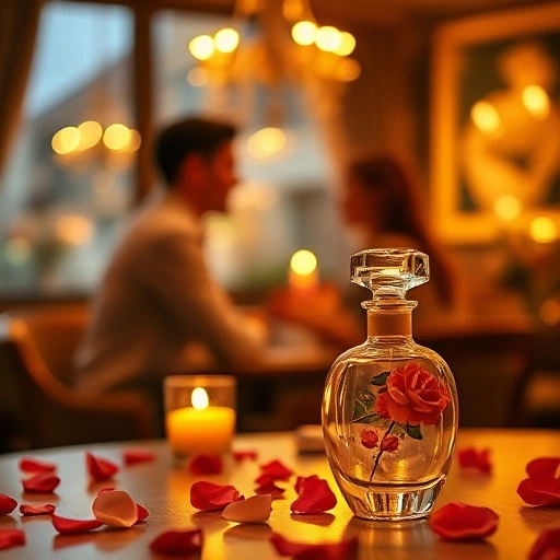 A romantic evening scene with a couple sitting at a candlelit table, soft golden light, rose petals scattered, a delicate glass perfume bottle with floral design on the table, blurred background of a cozy restaurant interior, warm and intimate atmosphere