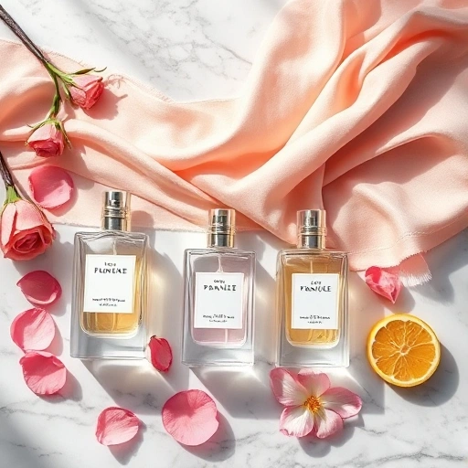 A luxurious flat lay composition featuring several elegant glass perfume bottles with feminine designs, soft pastel lighting, delicate floral accents like rose petals and jasmine blossoms, a silk scarf in blush pink draped gently in the background, and a subtle hint of vanilla bean and citrus slices for sensory suggestion — all arranged on a marble surface with soft shadows, evoking sophistication and femininity