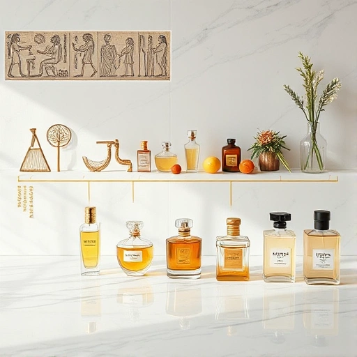 A chronological timeline of perfume history showing ancient Egyptian hieroglyphs with perfume bottles, Roman glass unguentaria, medieval European apothecary distillation setups, 18th-century French perfume ateliers with glass flacons and floral arrangements, and modern minimalist designer perfume bottles on a sleek marble surface, all connected by a subtle golden thread symbolizing the evolution of scent, soft natural lighting, high detail, no text or labels