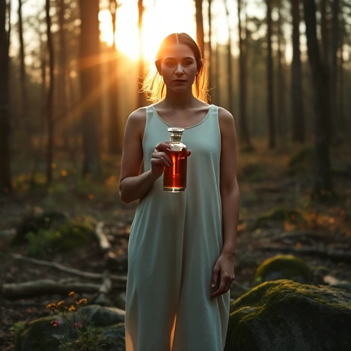 A person standing alone in a quiet forest at golden hour, wearing simple natural fabrics, holding a single glass perfume bottle filled with amber liquid that reflects soft sunlight, surrounded by wildflowers and moss-covered stones, evoking introspection and self-discovery, minimalist and serene atmosphere