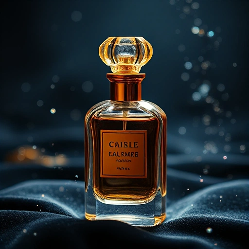 An elegant perfume bottle with a golden cap, surrounded by floating sparkling particles and soft glowing light, placed on a dark velvet surface, luxurious and mysterious atmosphere, high detail, smallHQ style
