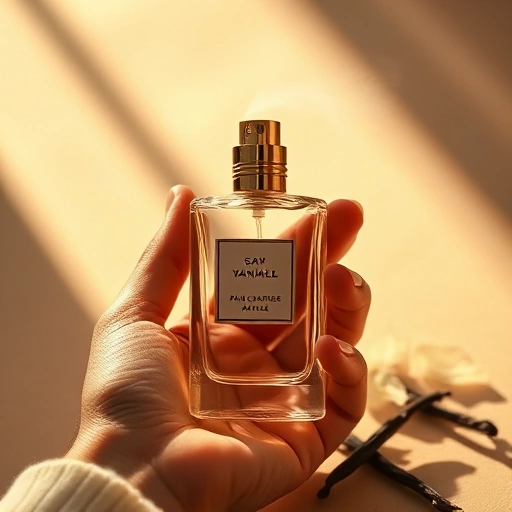 A close-up of a person's hand holding an elegant glass perfume bottle with a delicate spray mist, surrounded by soft golden light and subtle floral elements like jasmine petals and vanilla pods, symbolizing personal expression through scent, minimalist background with warm neutral tones