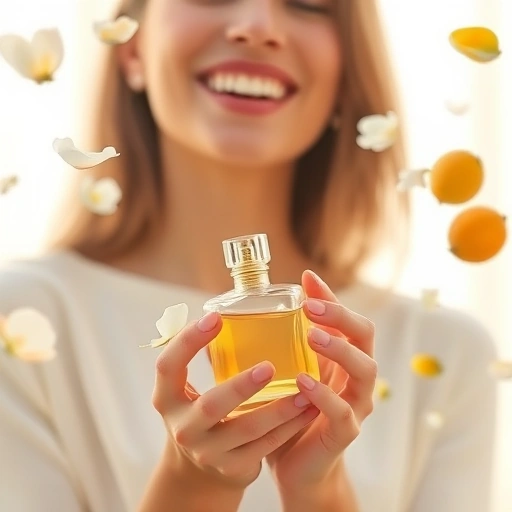 A serene, joyful scene of a person smiling softly while holding a delicate glass perfume bottle filled with golden liquid, surrounded by floating petals of white jasmine and citrus blossoms in soft morning light, evoking happiness and tranquility, minimalist composition, warm pastel tones, ethereal atmosphere