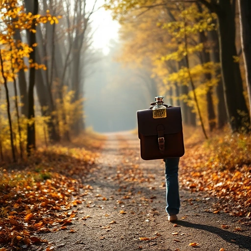 A serene forest path in autumn, golden leaves falling gently, a person walking slowly with a small leather satchel containing a glass perfume bottle, soft morning light filtering through trees, mist in the distance, natural and peaceful atmosphere, no text or symbols visible
