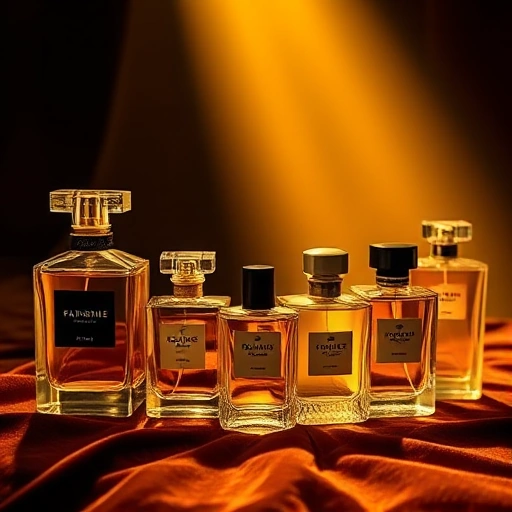 A luxurious display of iconic perfume bottles associated with global celebrities, arranged elegantly on a velvet surface under soft golden lighting, each bottle reflecting fame and sophistication, with subtle hints of stardom like faint silhouettes of famous faces in the background glow, no text or logos visible