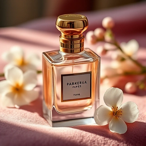 A close-up of an elegant glass perfume bottle with a golden cap, placed on a soft velvet surface, surrounded by delicate flowers and subtle light reflections, conveying personal expression and sophistication