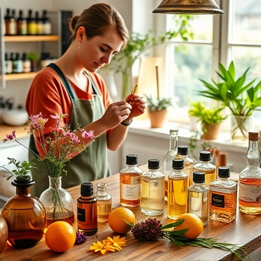 A person creating a unique perfume in a cozy, sunlit home laboratory, surrounded by glass bottles, essential oils, flowers, herbs, and citrus fruits on a wooden table, with soft natural light coming through a window, warm and inviting atmosphere, no text or labels visible